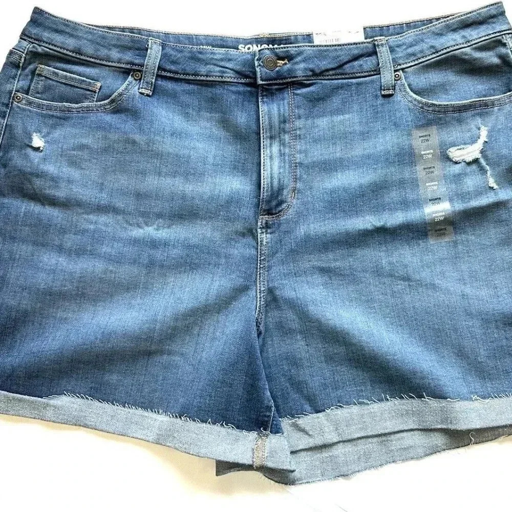 NWT SONOMA Women High Rise Blue Rolled Cuff Distressed Blue Jean Shorts Size 22W